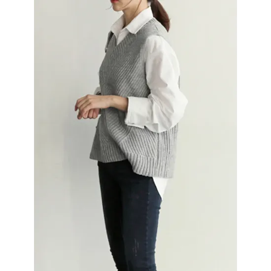 Casual Sleeveless Loose Solid Color V-Neck Vest Outerwear Casual Sleeveless Loose Solid Color V-Neck Vest Outerwear