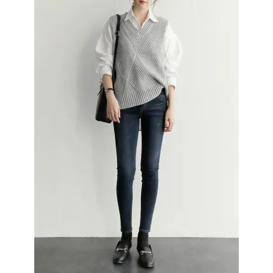 Casual Sleeveless Loose Solid Color V-Neck Vest Outerwear Casual Sleeveless Loose Solid Color V-Neck Vest Outerwear