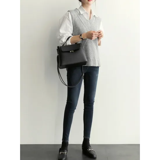 Casual Sleeveless Loose Solid Color V-Neck Vest Outerwear Casual Sleeveless Loose Solid Color V-Neck Vest Outerwear