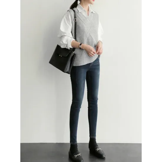 Casual Sleeveless Loose Solid Color V-Neck Vest Outerwear Casual Sleeveless Loose Solid Color V-Neck Vest Outerwear