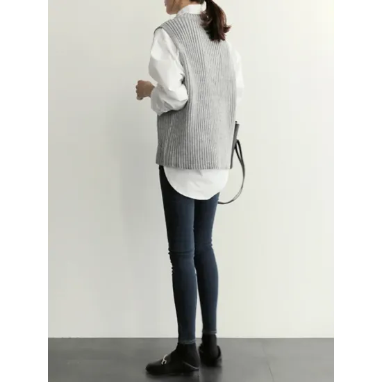 Casual Sleeveless Loose Solid Color V-Neck Vest Outerwear Casual Sleeveless Loose Solid Color V-Neck Vest Outerwear