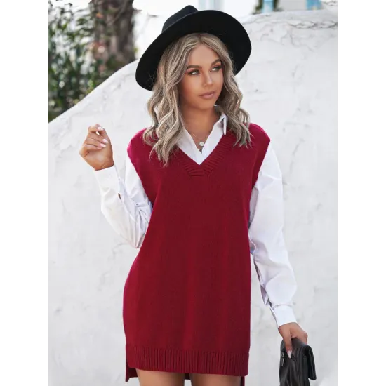 Simple Sleeveless High-Low Solid Color V-Neck Vest Top Simple Sleeveless High-Low Solid Color V-Neck Vest Top