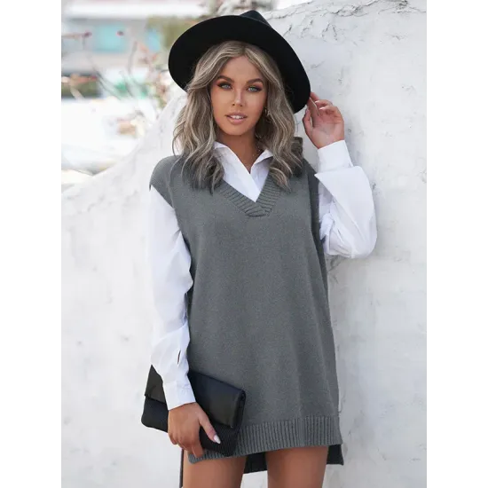 Simple Sleeveless High-Low Solid Color V-Neck Vest Top Simple Sleeveless High-Low Solid Color V-Neck Vest Top