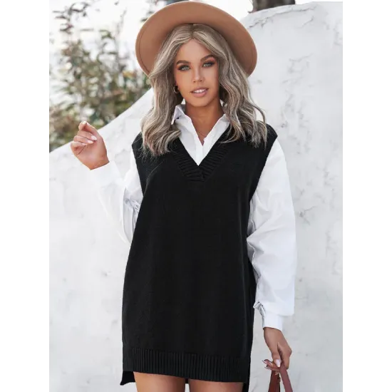 Simple Sleeveless High-Low Solid Color V-Neck Vest Top Simple Sleeveless High-Low Solid Color V-Neck Vest Top