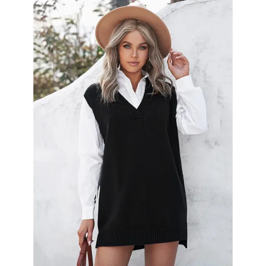 Simple Sleeveless High-Low Solid Color V-Neck Vest Top Simple Sleeveless High-Low Solid Color V-Neck Vest Top