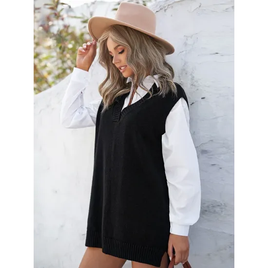 Simple Sleeveless High-Low Solid Color V-Neck Vest Top Simple Sleeveless High-Low Solid Color V-Neck Vest Top
