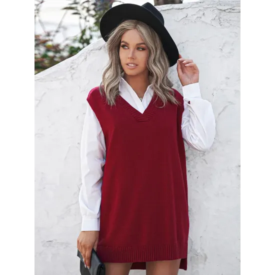 Simple Sleeveless High-Low Solid Color V-Neck Vest Top Simple Sleeveless High-Low Solid Color V-Neck Vest Top