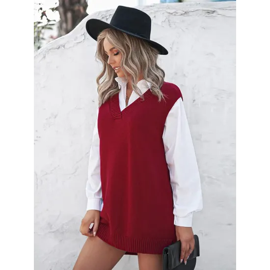Simple Sleeveless High-Low Solid Color V-Neck Vest Top Simple Sleeveless High-Low Solid Color V-Neck Vest Top