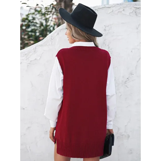 Simple Sleeveless High-Low Solid Color V-Neck Vest Top Simple Sleeveless High-Low Solid Color V-Neck Vest Top