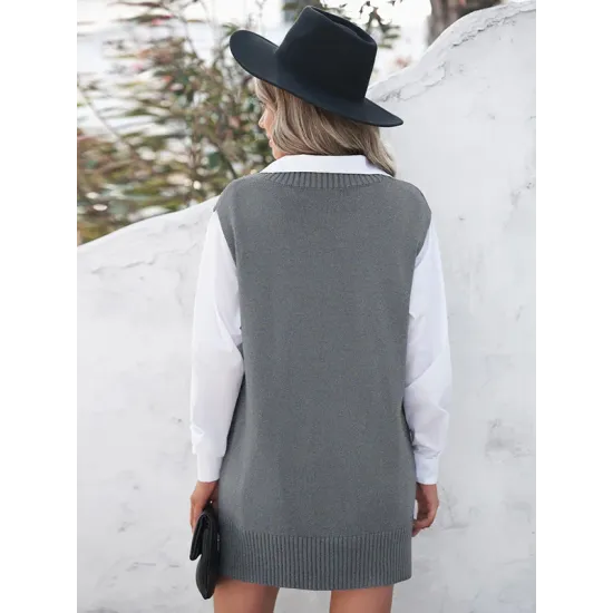 Simple Sleeveless High-Low Solid Color V-Neck Vest Top Simple Sleeveless High-Low Solid Color V-Neck Vest Top