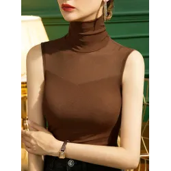 Stylish Skinny Sleeveless Mesh Split-Joint Solid Color High-Neck Vest Top