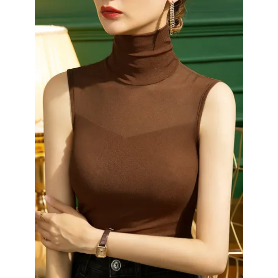 Stylish Skinny Sleeveless Mesh Split-Joint Solid Color High-Neck Vest Top Stylish Skinny Sleeveless Mesh Split-Joint Solid Color High-Neck Vest Top