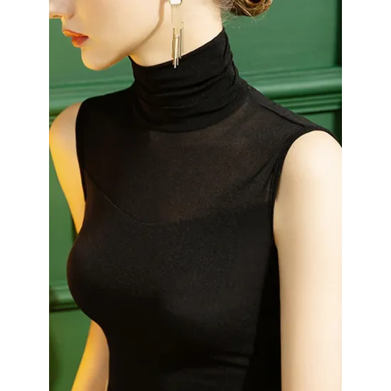 Stylish Skinny Sleeveless Mesh Split-Joint Solid Color High-Neck Vest Top Stylish Skinny Sleeveless Mesh Split-Joint Solid Color High-Neck Vest Top