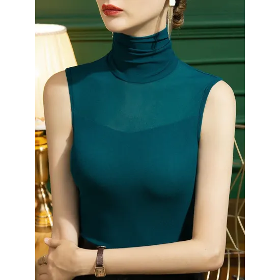 Stylish Skinny Sleeveless Mesh Split-Joint Solid Color High-Neck Vest Top Stylish Skinny Sleeveless Mesh Split-Joint Solid Color High-Neck Vest Top