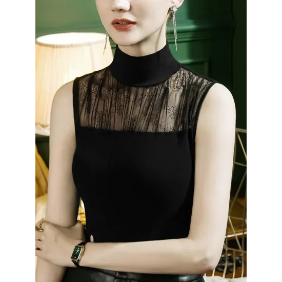 Stylish Selection Skinny Sleeveless Mesh Split-Joint Half Turtleneck Vest Top