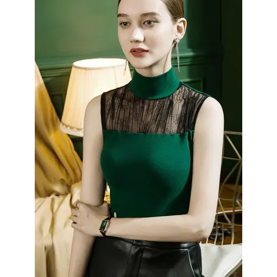 Stylish Selection Skinny Sleeveless Mesh Split-Joint Half Turtleneck Vest Top