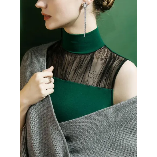 Stylish Selection Skinny Sleeveless Mesh Split-Joint Half Turtleneck Vest Top