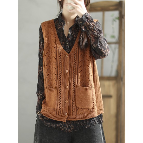 Casual Loose Sleeveless Buttoned Hollow Solid Color V-Neck Vest Outerwear Casual Loose Sleeveless Buttoned Hollow Solid Color V-Neck Vest Outerwear