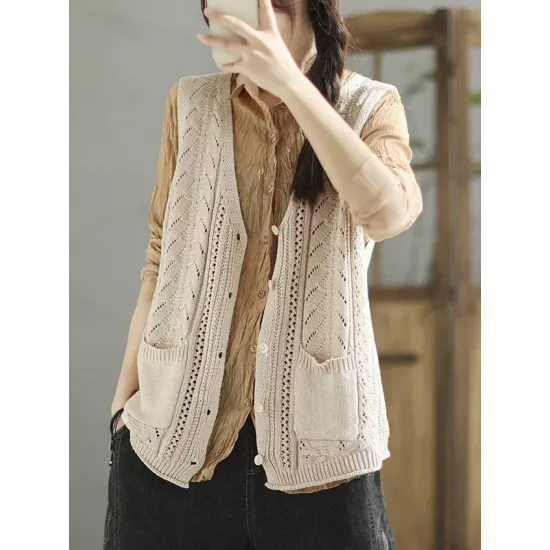 Casual Loose Sleeveless Buttoned Hollow Solid Color V-Neck Vest Outerwear Casual Loose Sleeveless Buttoned Hollow Solid Color V-Neck Vest Outerwear
