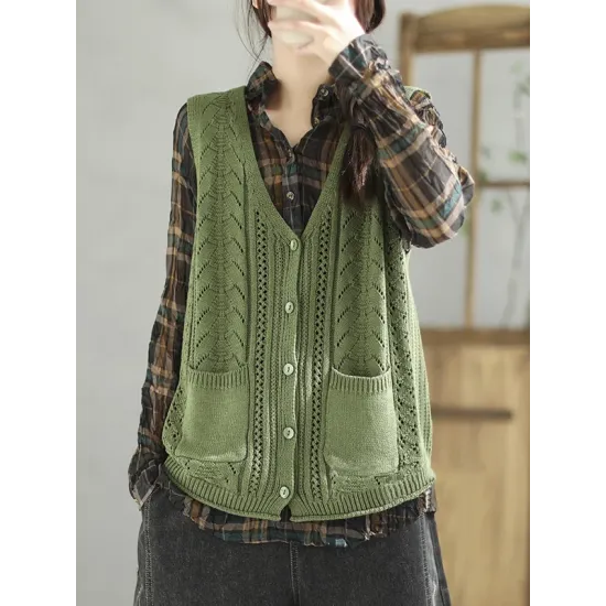 Casual Loose Sleeveless Buttoned Hollow Solid Color V-Neck Vest Outerwear Casual Loose Sleeveless Buttoned Hollow Solid Color V-Neck Vest Outerwear
