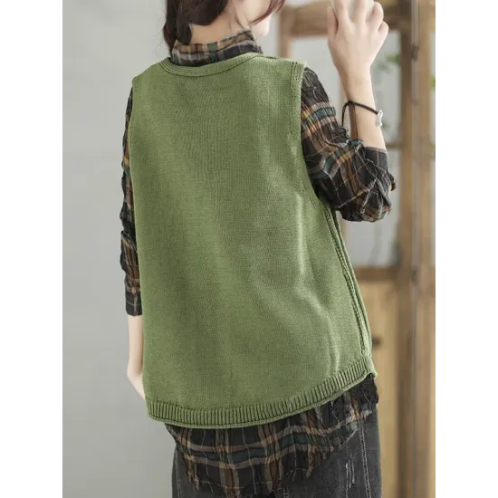 Casual Loose Sleeveless Buttoned Hollow Solid Color V-Neck Vest Outerwear Casual Loose Sleeveless Buttoned Hollow Solid Color V-Neck Vest Outerwear