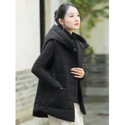 Simple Sleeveless Loose Keep Warm Cotton Quilted Solid Color Hooded Vest Outerwear