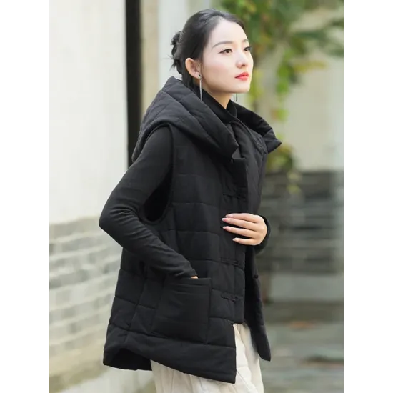 Simple Sleeveless Loose Keep Warm Cotton Quilted Solid Color Hooded Vest Outerwear Simple Sleeveless Loose Keep Warm Cotton Quilted Solid Color Hooded Vest Outerwear