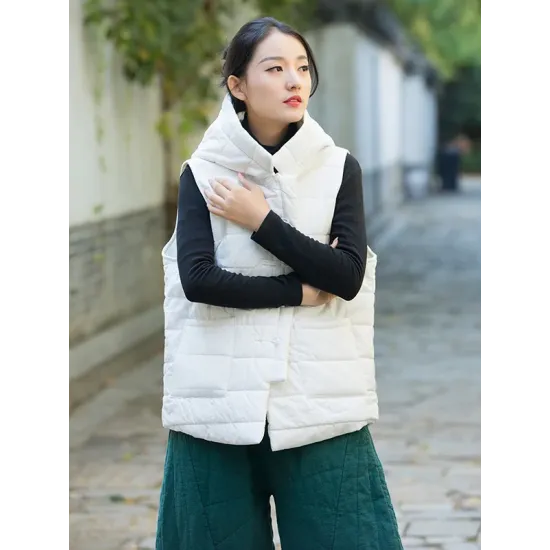 Simple Sleeveless Loose Keep Warm Cotton Quilted Solid Color Hooded Vest Outerwear Simple Sleeveless Loose Keep Warm Cotton Quilted Solid Color Hooded Vest Outerwear