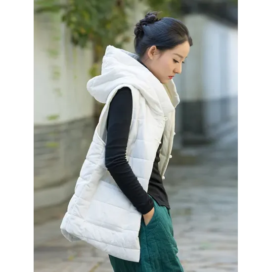 Simple Sleeveless Loose Keep Warm Cotton Quilted Solid Color Hooded Vest Outerwear Simple Sleeveless Loose Keep Warm Cotton Quilted Solid Color Hooded Vest Outerwear