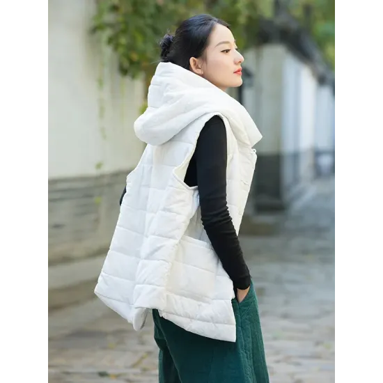Simple Sleeveless Loose Keep Warm Cotton Quilted Solid Color Hooded Vest Outerwear Simple Sleeveless Loose Keep Warm Cotton Quilted Solid Color Hooded Vest Outerwear