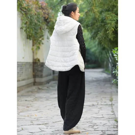 Simple Sleeveless Loose Keep Warm Cotton Quilted Solid Color Hooded Vest Outerwear Simple Sleeveless Loose Keep Warm Cotton Quilted Solid Color Hooded Vest Outerwear