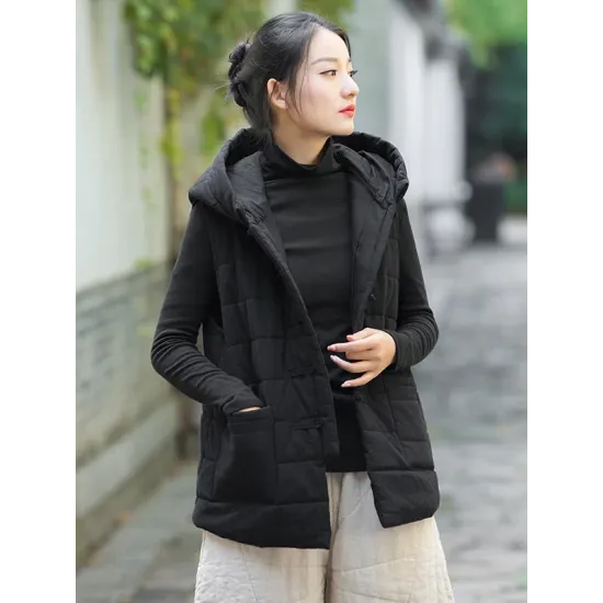 Simple Sleeveless Loose Keep Warm Cotton Quilted Solid Color Hooded Vest Outerwear Simple Sleeveless Loose Keep Warm Cotton Quilted Solid Color Hooded Vest Outerwear