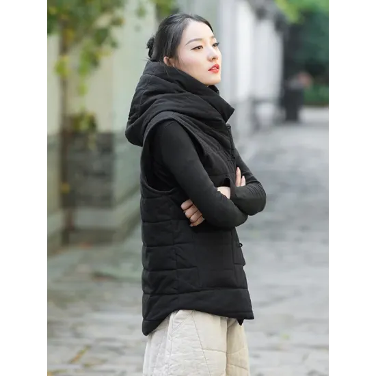 Simple Sleeveless Loose Keep Warm Cotton Quilted Solid Color Hooded Vest Outerwear Simple Sleeveless Loose Keep Warm Cotton Quilted Solid Color Hooded Vest Outerwear