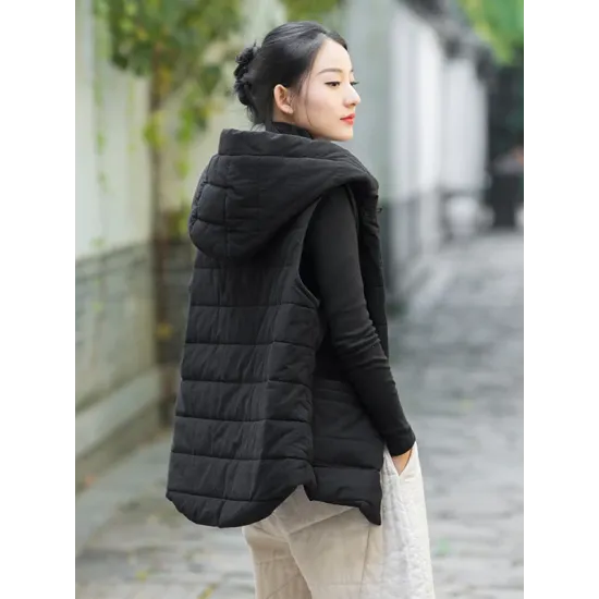 Simple Sleeveless Loose Keep Warm Cotton Quilted Solid Color Hooded Vest Outerwear Simple Sleeveless Loose Keep Warm Cotton Quilted Solid Color Hooded Vest Outerwear