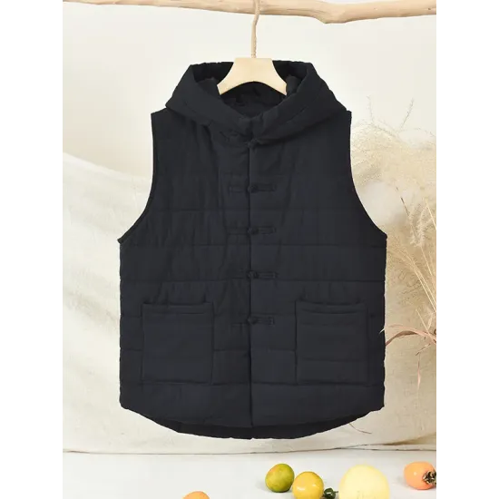 Simple Sleeveless Loose Keep Warm Cotton Quilted Solid Color Hooded Vest Outerwear Simple Sleeveless Loose Keep Warm Cotton Quilted Solid Color Hooded Vest Outerwear