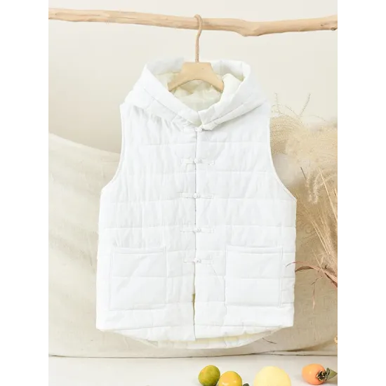 Simple Sleeveless Loose Keep Warm Cotton Quilted Solid Color Hooded Vest Outerwear Simple Sleeveless Loose Keep Warm Cotton Quilted Solid Color Hooded Vest Outerwear