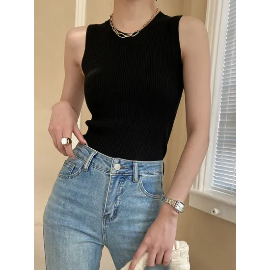 Casual Skinny Sleeveless Solid Color Round-Neck Vest Top Casual Skinny Sleeveless Solid Color Round-Neck Vest Top