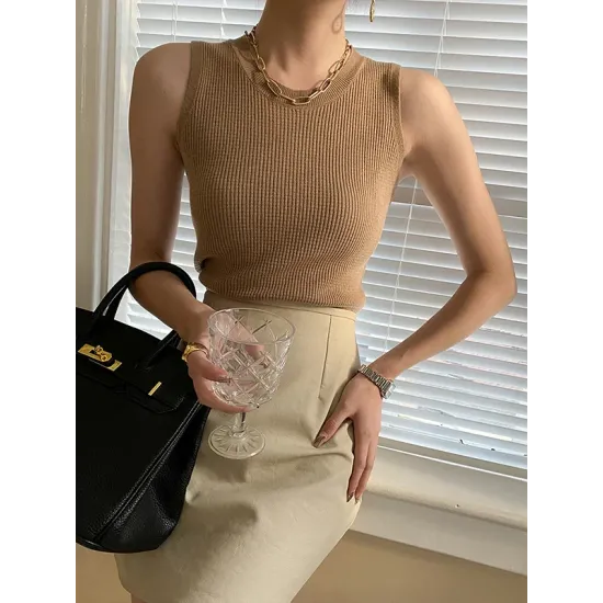 Casual Skinny Sleeveless Solid Color Round-Neck Vest Top Casual Skinny Sleeveless Solid Color Round-Neck Vest Top