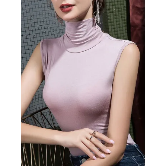 Stylish Selection Sleeveless Solid Color High-Neck Vest Top Stylish Selection Sleeveless Solid Color High-Neck Vest Top