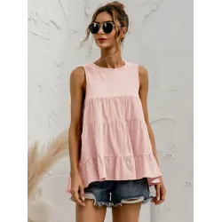 Casual Loose Sleeveless Split-Joint Solid Color Round-Neck Vest Top