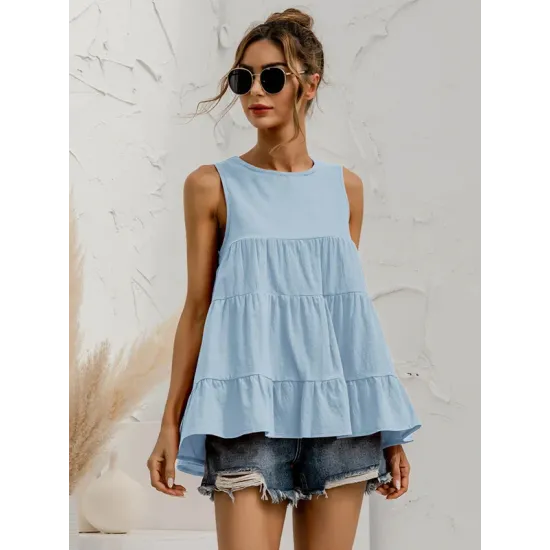 Casual Loose Sleeveless Split-Joint Solid Color Round-Neck Vest Top