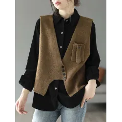 Artistic Retro Sleeveless Irregularity Buttoned V-Neck Vest Top