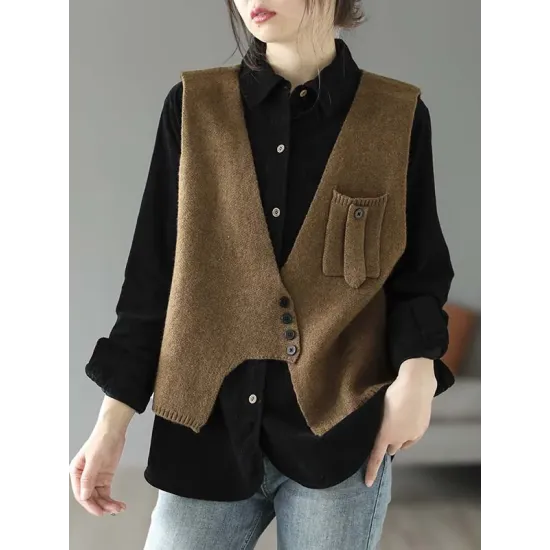 Artistic Retro Sleeveless Irregularity Buttoned V-Neck Vest Top Artistic Retro Sleeveless Irregularity Buttoned V-Neck Vest Top