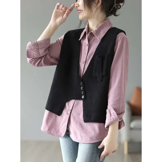 Artistic Retro Sleeveless Irregularity Buttoned V-Neck Vest Top Artistic Retro Sleeveless Irregularity Buttoned V-Neck Vest Top