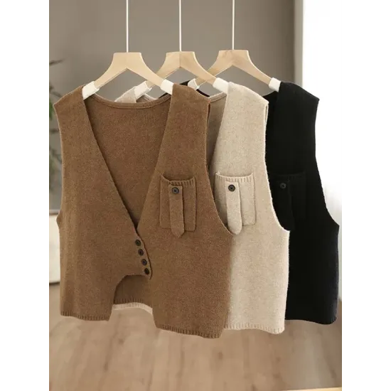 Artistic Retro Sleeveless Irregularity Buttoned V-Neck Vest Top Artistic Retro Sleeveless Irregularity Buttoned V-Neck Vest Top