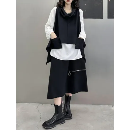 High-Low Irregular Clipping Hooded Solid Color Heaps Collar Vest Top High-Low Irregular Clipping Hooded Solid Color Heaps Collar Vest Top