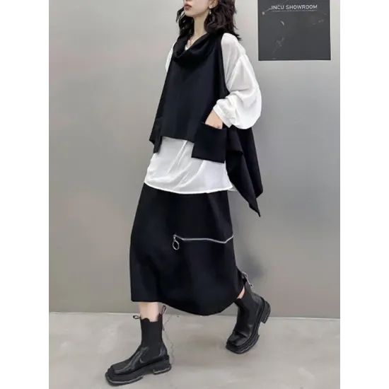 High-Low Irregular Clipping Hooded Solid Color Heaps Collar Vest Top High-Low Irregular Clipping Hooded Solid Color Heaps Collar Vest Top
