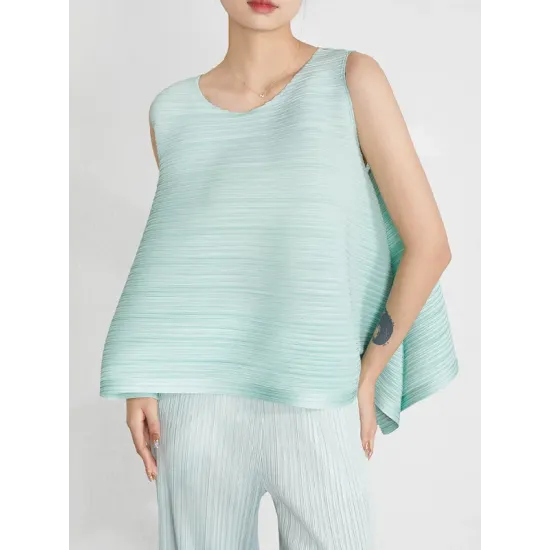 Cropped Sleeveless Pleated Round-Neck Vest Top Cropped Sleeveless Pleated Round-Neck Vest Top