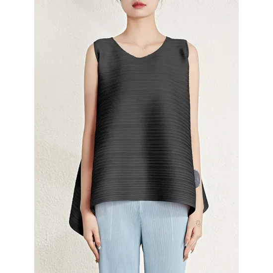 Cropped Sleeveless Pleated Round-Neck Vest Top Cropped Sleeveless Pleated Round-Neck Vest Top