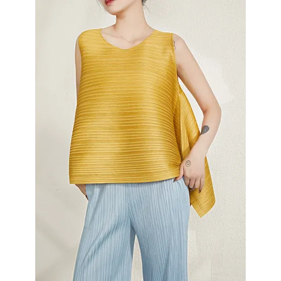 Cropped Sleeveless Pleated Round-Neck Vest Top Cropped Sleeveless Pleated Round-Neck Vest Top